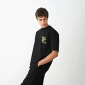 Unisex Bisiklet Yaka Baskılı Oversize T-Shirt - Siyah thumbnail 3