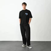 Unisex Bisiklet Yaka Baskılı Oversize T-Shirt - Siyah - 4
