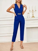 Kadın Sıfır Kollu Kruvaze Detaylı Ithal Krep Tulum thumbnail 2