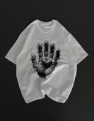 Unisex Bisiklet Yaka Baskılı Oversize T-Shirt - Beyaz thumbnail 1