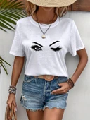 Kadın Kısa Kollu Bisiklet Yaka Göz Baskılı Süprem T-shirt thumbnail 1