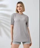 Unisex Bisiklet Yaka Baskılı Slim Fit T-Shirt - Boyalı Gri thumbnail 1