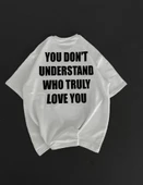 Unisex Bisiklet Yaka Baskılı Oversize T-Shirt - Beyaz thumbnail 2