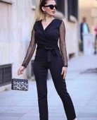 Krep Kumaş Kol Tül Puan Detaylı Kuşaklı Tulum 141 Cm thumbnail 1