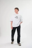 Unisex Bisiklet Yaka Baskılı Oversize T-Shirt - Beyaz thumbnail 1