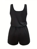 Kadın Askılı Yuvarlak Yaka Lazer Kesim Detaylı Bağcıklı Kısa Viskon Tulum thumbnail 5