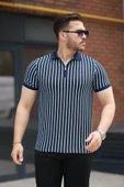 Erkek çizgili Fermuar Yakalı Kısa Kollu Tişört thumbnail 1