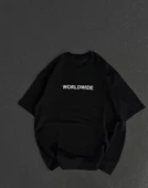 Unisex Bisiklet Yaka Baskılı Oversize T-Shirt - Siyah thumbnail 1