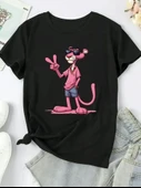 Pembe Panter Baskılı Oversize Bisiklet Yaka T-shirt - Beyaz thumbnail 2