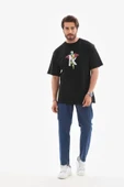 Unisex Bisiklet Yaka Baskılı Oversize T-Shirt - Siyah thumbnail 3