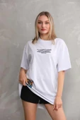 Unisex Bisiklet Yaka Baskılı Oversize T-Shirt - Beyaz thumbnail 4
