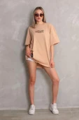 Unisex Bisiklet Yaka Baskılı Oversize T-Shirt - Bej thumbnail 3