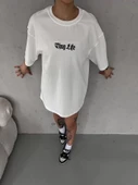 Unisex Bisiklet Yaka Baskılı Oversize T-Shirt - Beyaz thumbnail 1