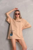 Unisex Bisiklet Yaka Baskılı Oversize T-Shirt - Bej thumbnail 2