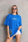 Unisex Bisiklet Yaka Baskılı Oversize T-Shirt - Mavi thumbnail 1