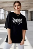 Unisex Bisiklet Yaka Baskılı Oversize T-Shirt - Siyah thumbnail 1