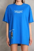 Unisex Bisiklet Yaka Baskılı Oversize T-Shirt - Mavi thumbnail 2
