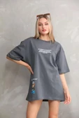 Unisex Bisiklet Yaka Baskılı Oversize T-Shirt - Gri thumbnail 3