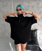 Unisex Yarım Fermuarlı Düz Oversize T-Shirt - Siyah thumbnail 2