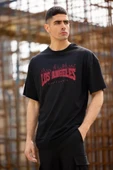 Unisex Bisiklet Yaka Baskılı Oversize T-Shirt - Siyah - 3
