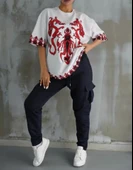 Unisex Bisiklet Yaka Baskılı Oversize T-Shirt - Beyaz thumbnail 2