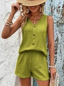 Kadın Askılı Kolsuz V Yakalı önden Düğmeli Bürümcük Bluz Ve Short Ikili Takım thumbnail 1