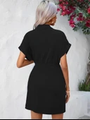 Kadın Kısa Kollu Yakalı Yandan Bağlamalı Dokuma Elbise thumbnail 5