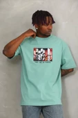 Unisex Oversize Baskılı Bisiklet Yaka T-Shirt - Mint Yeşili thumbnail 3