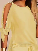Kadın Kısa Kollu Bisiklet Yaka Yarı Açık Omuz Inci Detaylı Short T-shirt Viskon Ikili Takım - 2