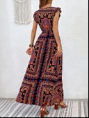 Kadın Kısa Kollu V Yakalı Deseni Yırtmaçlı Süprem Elbise thumbnail 3