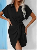 Kadın Kısa Kollu Yakalı Yandan Bağlamalı Dokuma Elbise thumbnail 2