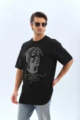 Unisex Oversize Taşlı Bisiklet Yaka T-Shirt - Siyah thumbnail 1