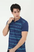 Erkek Yakalı Slim Fit Pike Çizgili T-Shirt - Mavi thumbnail 4