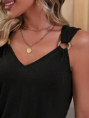 Kadın Askılı V Yaka Belden Büzgülü Aksesuar Detaylı Viskon Elbise thumbnail 5