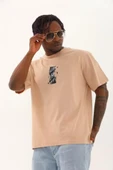 Unisex Oversize Baskılı Bisiklet Yaka T-Shirt - Bej thumbnail 1