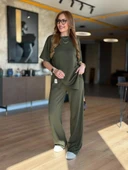 Kadın Kısa Kollu Bisiklet Yaka Asimetrik Viskon Iki Iplik Bluz Ve Pantolon Ikili Takım thumbnail 2