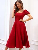 Kadın Kısa Kollu Kare Yakalı Yırtmaçlı Midi Janjan Krep Elbise thumbnail 5