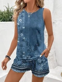 Kadın Askılı Yuvarlak Yaka çiçek Baskılı Süprme Bluz Ve Short Ikili Takım thumbnail 4