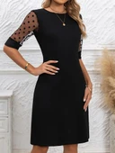 Kadın Puantiyeli Tül Kollu Bisiklet Yaka Janjan Krep Elbise thumbnail 1