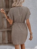 Kadın Kısa Yarasa Kollu önden Kruvaze Yaka Detaylı önden Bağlamalı Desenli Süprem Elbise thumbnail 4