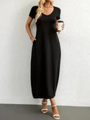 Kadın Kısa Kollu Yakası Yuvarlak Cepli Viskon Elbise thumbnail 3