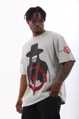 Unisex Oversize Baskılı Bisiklet Yaka T-Shirt - Gri thumbnail 3