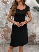 Kadın Kısa Kollu Kare Yakalı Ithal Krep Elbise thumbnail 5