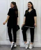 Kadın Kısa Kollu V Yakalı Iki Iplik Bluz Ve Pantolon Ikili Takım thumbnail 9