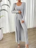 Kadın Yuvarlak Yaka Askılı Krop Bluz Yüksek Bel Tayt Ve Uzun Hırka şardonlu Kaşkorse üçlü Takım - 3