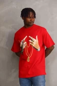 Unisex Baskılı Oversize T-Shirt - Kırmızı thumbnail 3