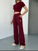 Osy Modal Yumuşak Dokulu Kumaş Nakış Işlemeli Rahat Bol Paça Eşofman Pantalon - Bordo thumbnail 1