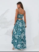 Kadın Ince Askılı çiçek Baskı Desenli Crop Yırtmaçlı Etek Ikili Süprem Takım thumbnail 6