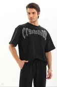 Unisex Oversize Taşlı T-Shirt - Siyah thumbnail 1