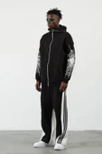 Üç İplik Baskılı Fermuarlı Kapşonlu Hırka - Siyah - 3